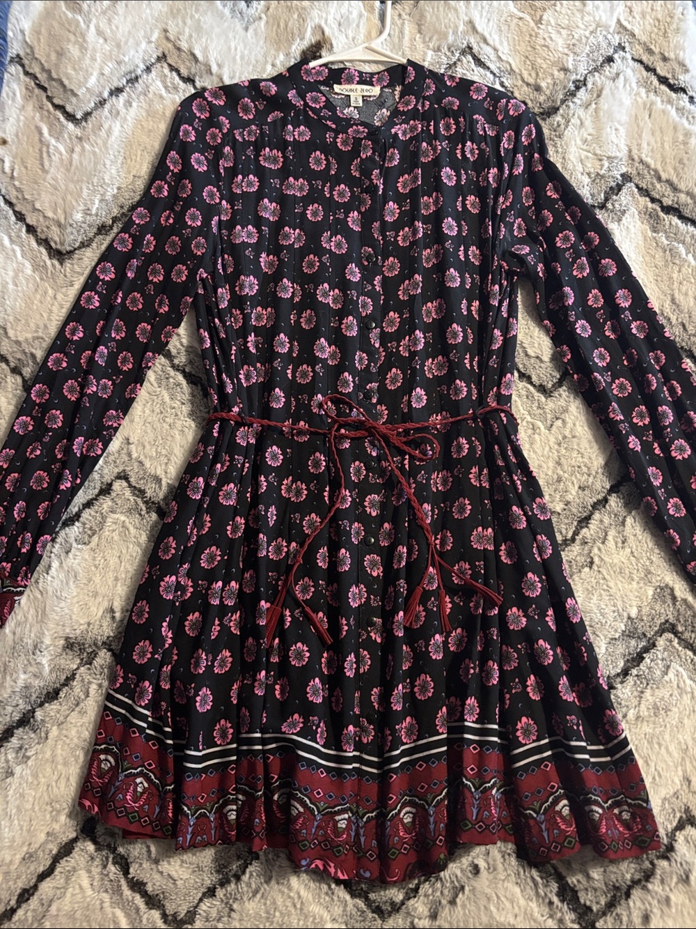 Double Zero Black Dress with Pink Floral Print and Red Border